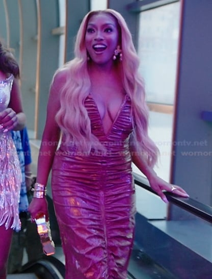 Drew's leather ruched dress on The Real Housewives of Atlanta