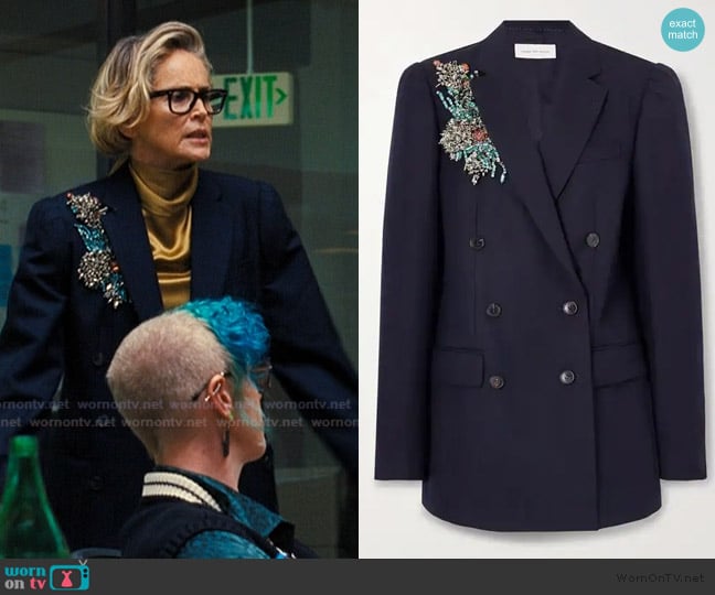Dries Van Noten Oversized double-breasted embellished wool herringbone blazer worn by Patty Lance (Sharon Stone) on Euphoria