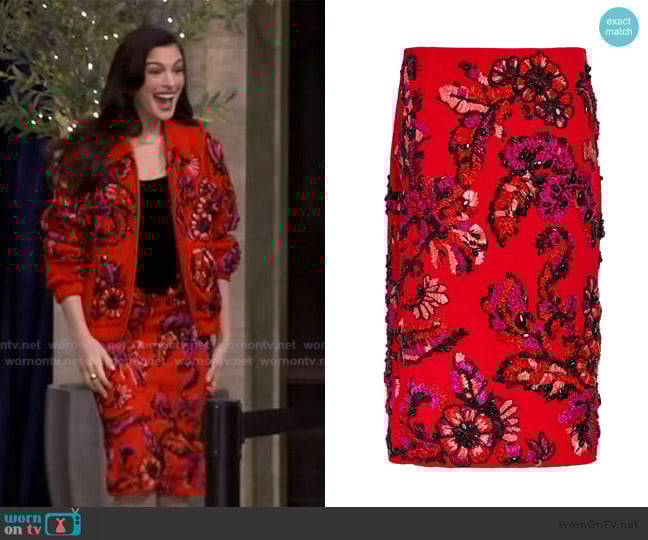 Dries Van Noten Summer floral-embellished woven midi skirt worn by Anne Hathaway on Live with Kelly and Mark