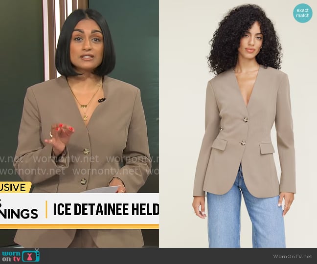 Shanelle Kaul’s taupe blazer on CBS Mornings