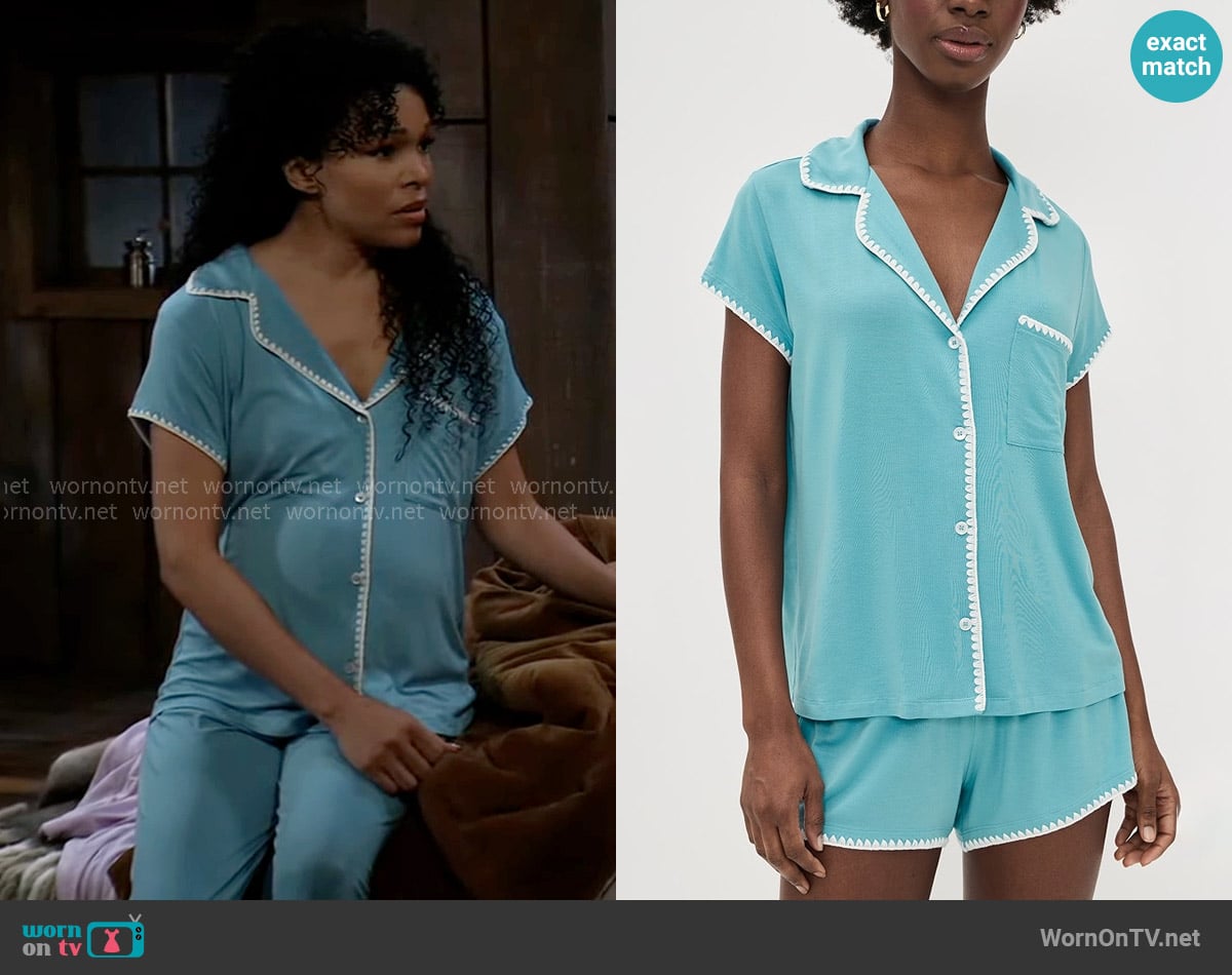 Eberjey Frida Whip Stitch Short Sleeve Shirt in Blue Lagoon/Ivory worn by Portia Robinson (Brook Kerr) on General Hospital