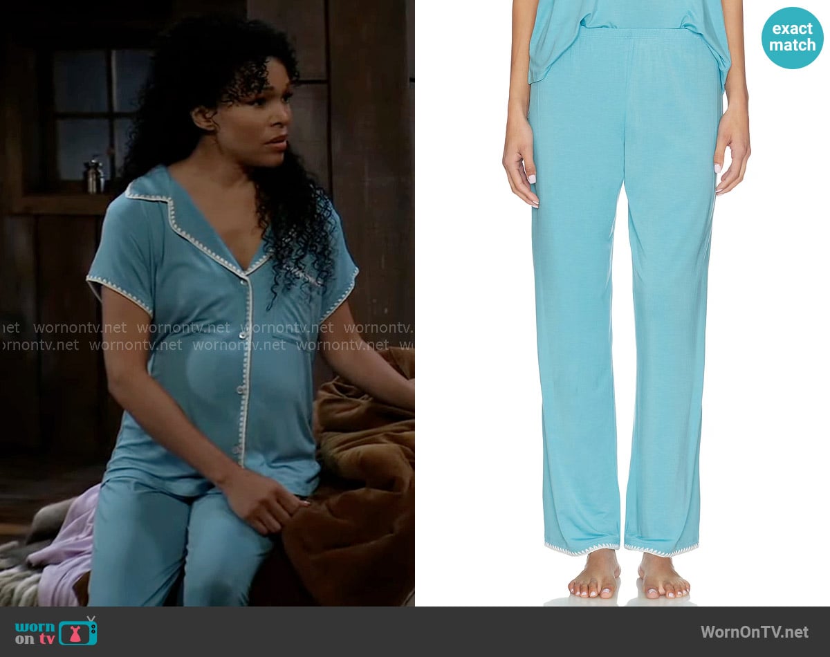 Eberjey Long Pajama Pants in Blue Lagoon/Ivory worn by Portia Robinson (Brook Kerr) on General Hospital