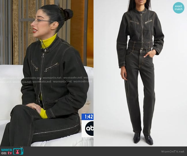 Taylor Ortega’s black zip denim jacket on GMA