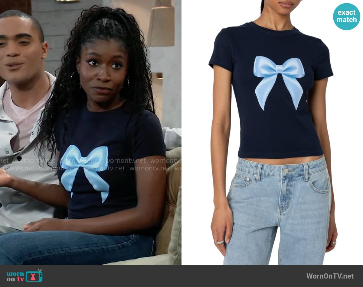 Edikted Tied Up Graphic T-Shirt worn by Trina Robinson (Tabyana Ali) on General Hospital