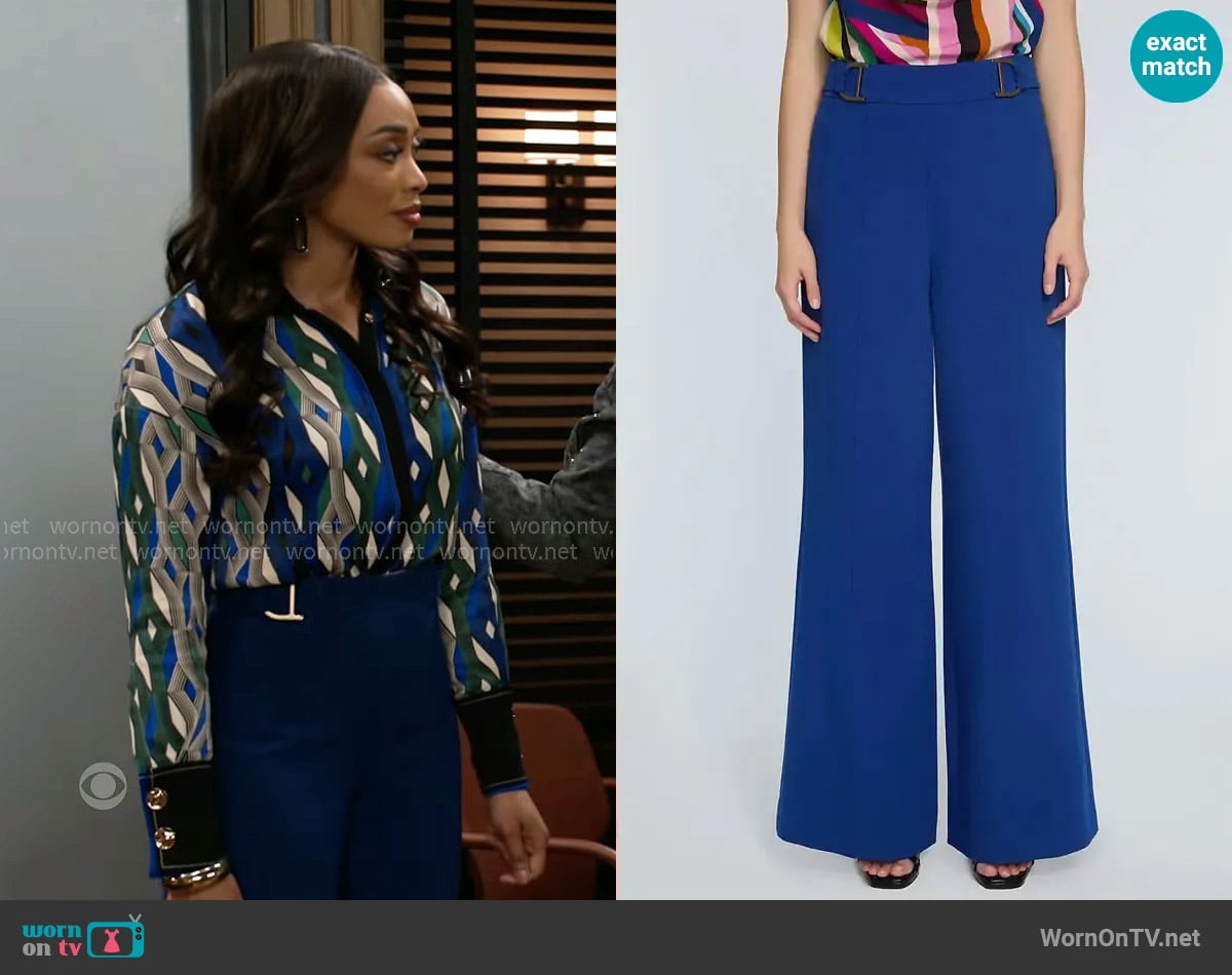 Elie Tahari The Inez Buckle Detail Wide Leg Pants in Daphne Blue worn by Madison Montgomery (Kenjah) on Beyond the Gates