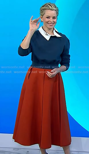 Elizabeth Banks’s navy collared top and red skirt on Today