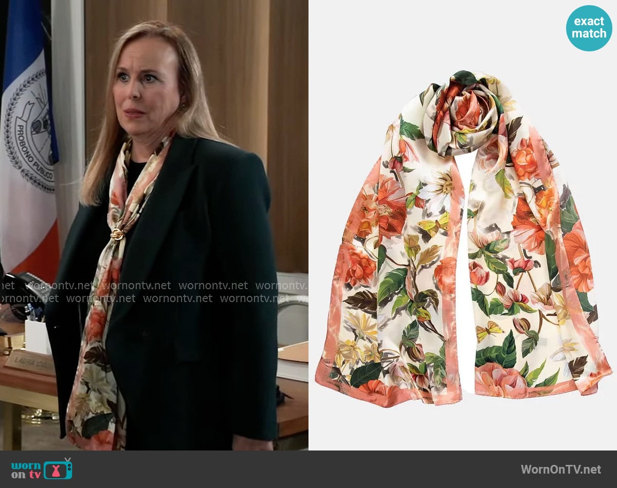 Elizabetta Rosa Long Satin Silk Scarf for Women in Peach worn by Laura Collins (Genie Francis) on General Hospital