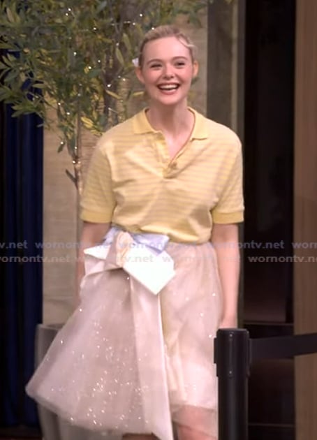 Elle Fanning’s yellow striped polo and tulle skirt on Live with Kelly and Mark