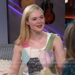 Elle Fanning's patchwork knit vest and printed skirt on The Kelly Clarkson Show