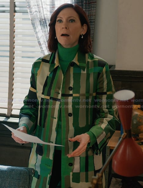 Elsbeth's green abstract print coat on Elsbeth