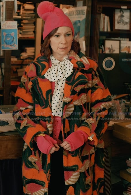 Elsbeth’s mushroom print fleece coat on Elsbeth