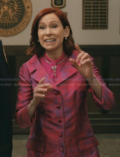 Elsbeth’s pink jacquard coat dress on Elsbeth