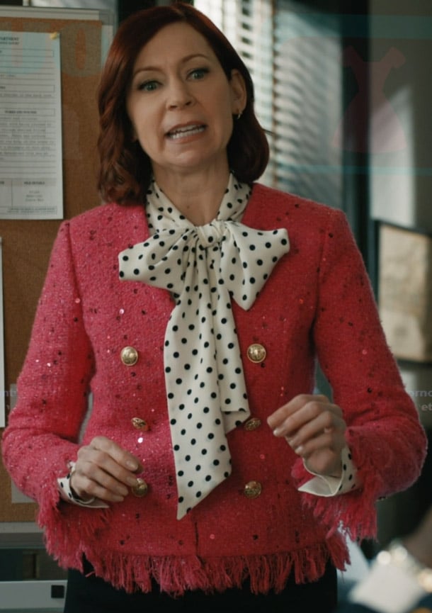 Elsbeth's pink tweed cardigan on Elsbeth