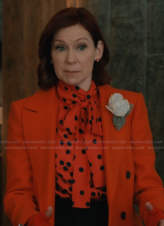 Elsbeth's red polka dot print tie neck blouse on Elsbeth