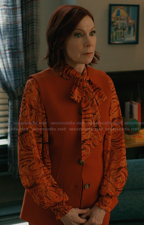 Elsbeth's red rose print tie neck blouse on Elsbeth