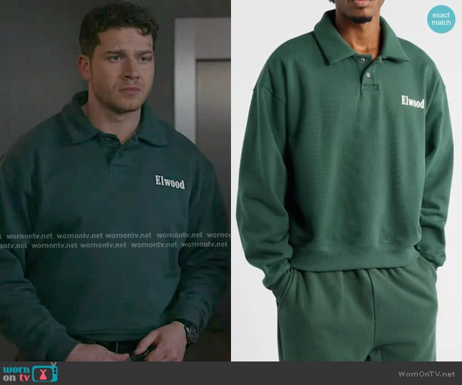 Elwood Heavyweight Fleece Polo Collar Sweatshirt in Emerald worn by Evan Buckley (Oliver Stark) on 9-1-1