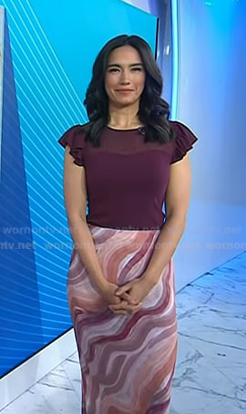 Emilie's purple ruffle sleeve top and swirl print skirt on Today