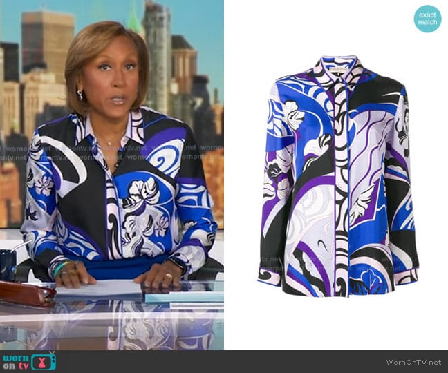 Emilio Pucci Hanami Print Silk Shirt worn by Robin Roberts on Good Morning America