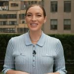 Emily’s blue ribbed dress on Access Hollywood