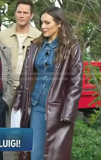 Emily's denim shirt jacket and burgundy coat on Access Hollywood
