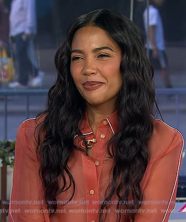 Emma Grede’s pink organza shirt and pencil skirt on Today