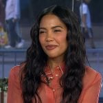 Emma Grede’s pink organza shirt and pencil skirt on Today