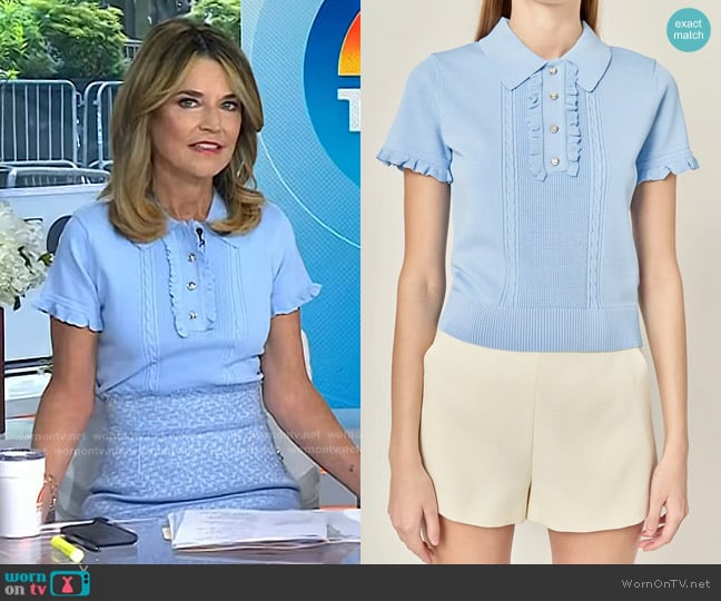 English Factory Ruffle Trim Collared Knit Top worn by Savannah Guthrie on Today