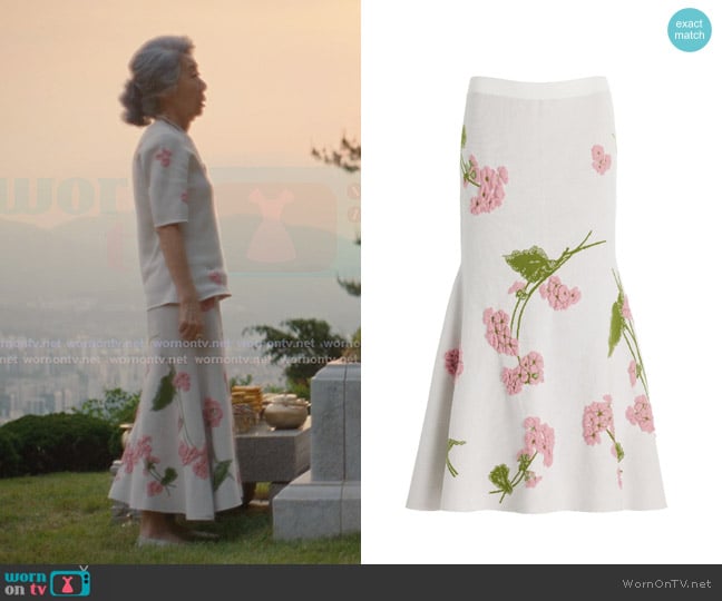 Erdem Embroidered Knit Jacquard Midi Skirt worn by Chairwoman Park (Youn Yuh-jung) on Beef