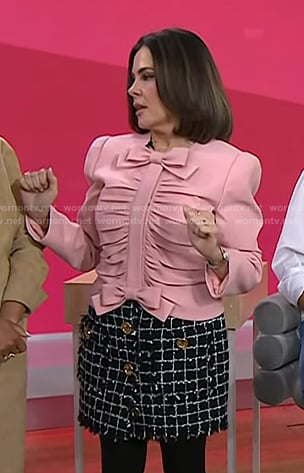 Erica Taylor’s pink gathered bow top and black tweed skirt on Today