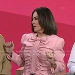 Erica Taylor's pink gathered bow top and black tweed skirt on Today