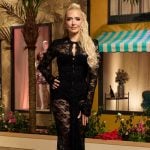 Erika’s black lace reunion dress on The Real Housewives of Beverly Hills