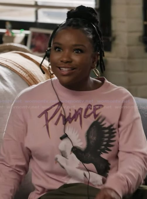 Erika's pink prince graphic sweatshirt on Abbott Elementary