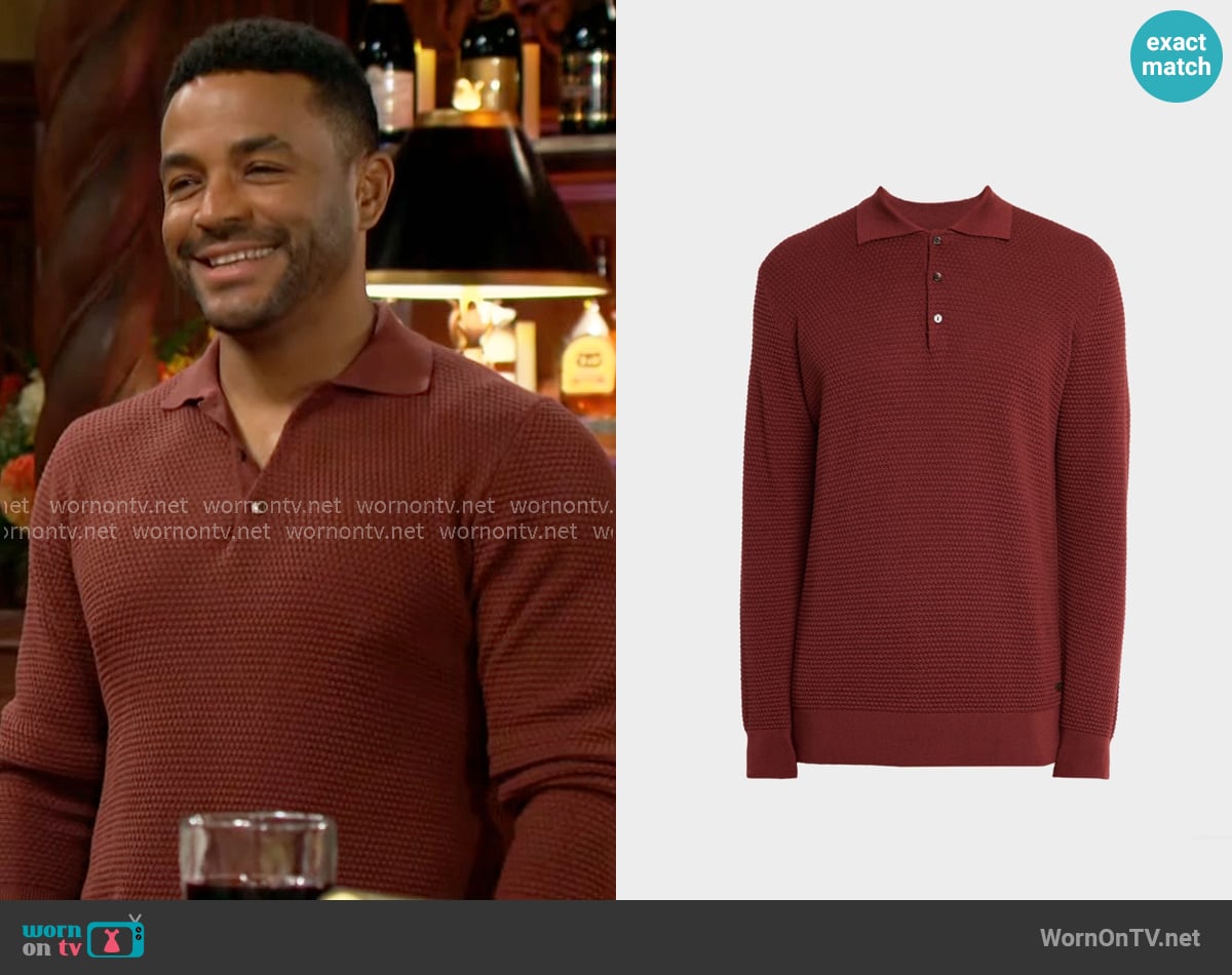 Eton Merino Wool Popcorn Stitch Polo Sweater worn by Nate Hastings (Sean Dominic) on The Young and the Restless