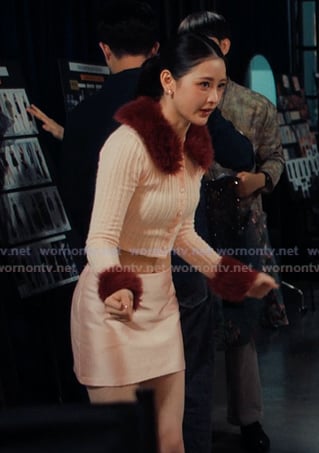 Eunice's pink fur trim cardigan on XO Kitty