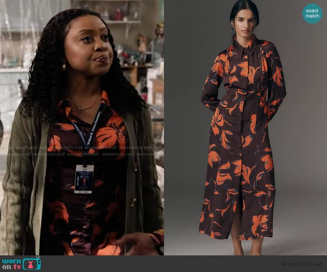 Janine’s black floral shirtdress on Abbott Elementary