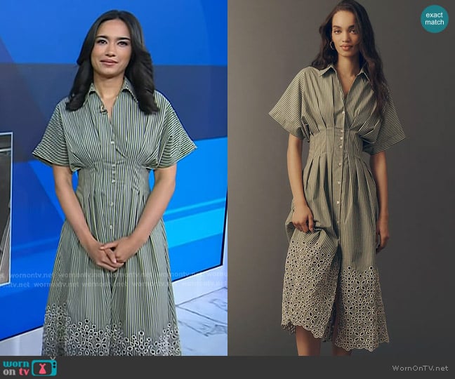Exquise The Tobie Eyelet Shirt Dress in Green Stripe worn by Emilie Ikeda on Today