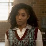 Faith’s blue and burgundy sweater vest with embroidered shirt on Will Trent