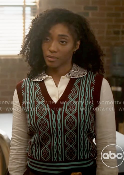Faith's blue and burgundy sweater vest with embroidered shirt on Will Trent