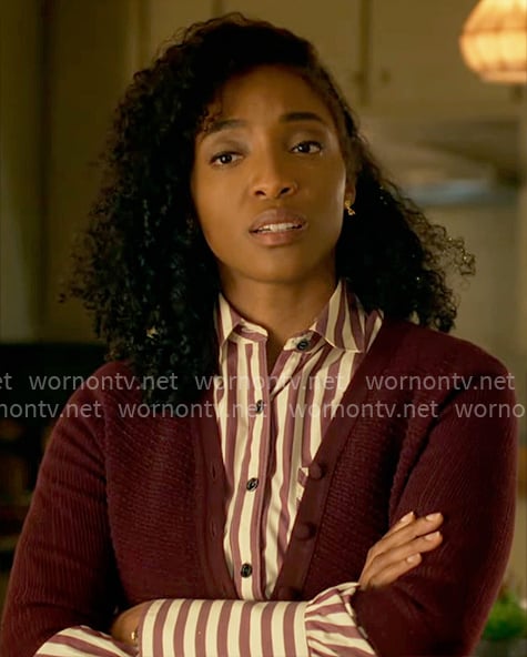 Faith's burgundy cardigan and striped shirt on Will Trent