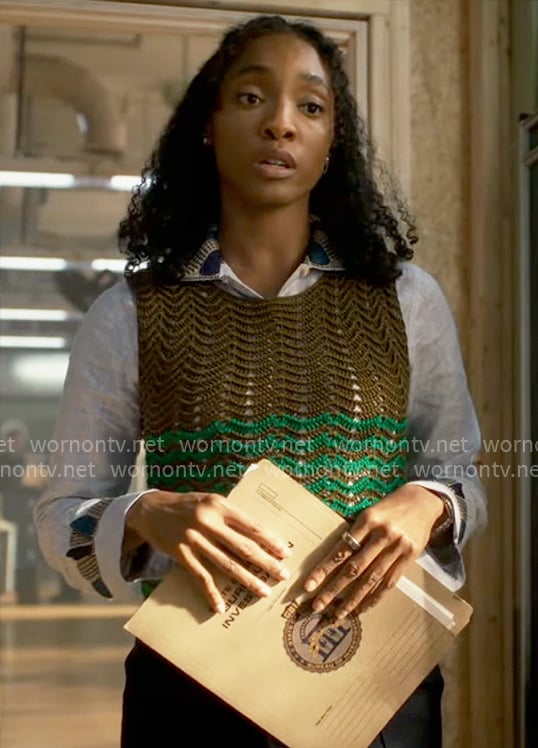 Faith's light blue shirt and green knit vest on Will Trent