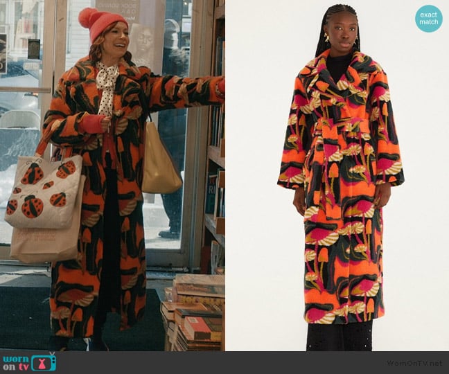 Farm Rio black wild mushrooms maxi fleece coat worn by Elsbeth Tascioni (Carrie Preston) on Elsbeth