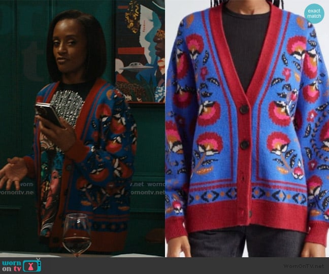 Farm Rio Palms Paradise Teal Floral Print Sweater worn by Olympia (Skye P. Marshall) on Matlock