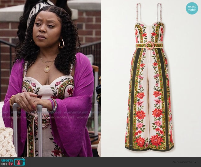 Farm Rio Wonder Rio belted embellished printed linen jumpsuit worn by Janine Teagues (Quinta Brunson) on Abbott Elementary