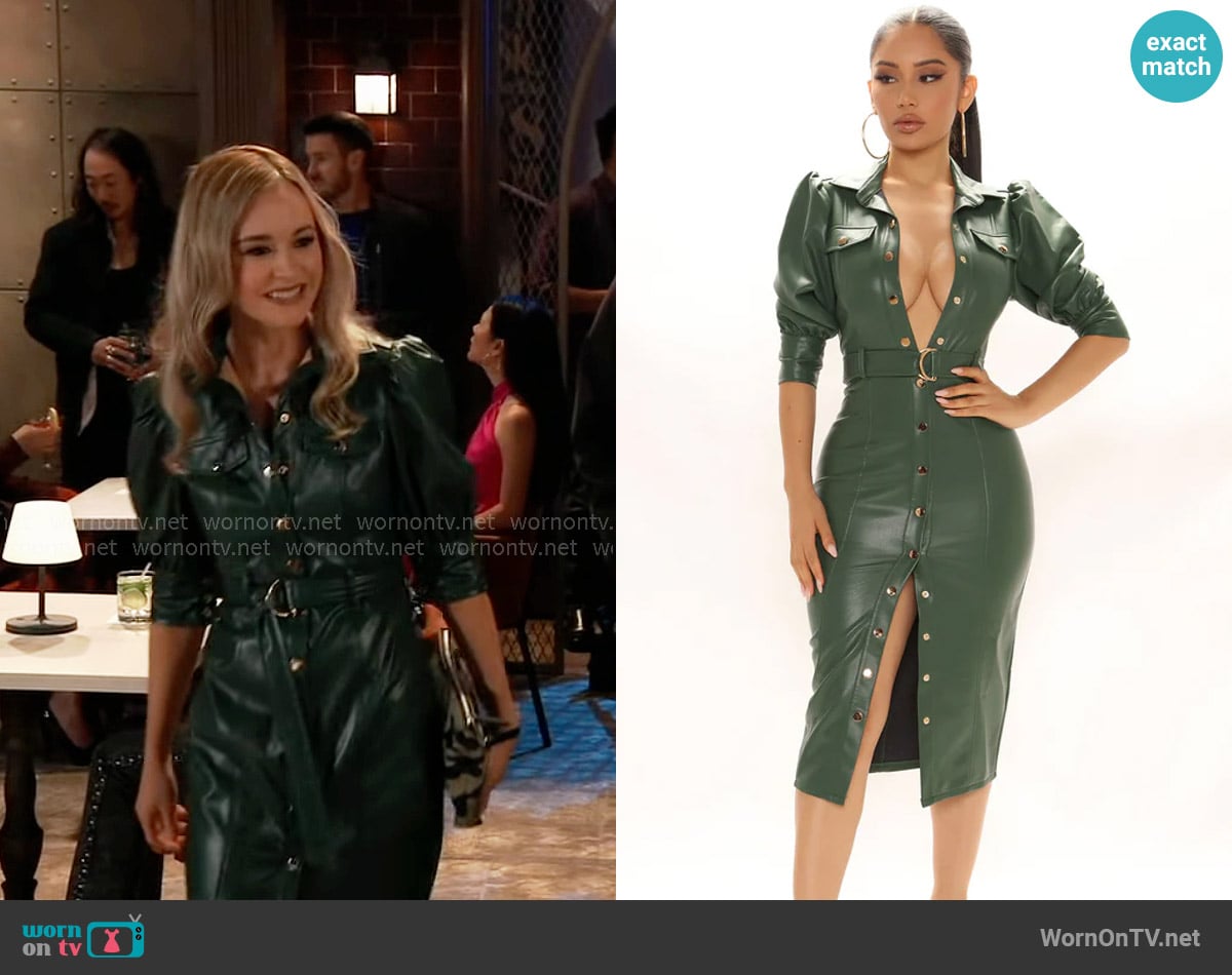 Jacinda’s green leather button front dress on General Hospital