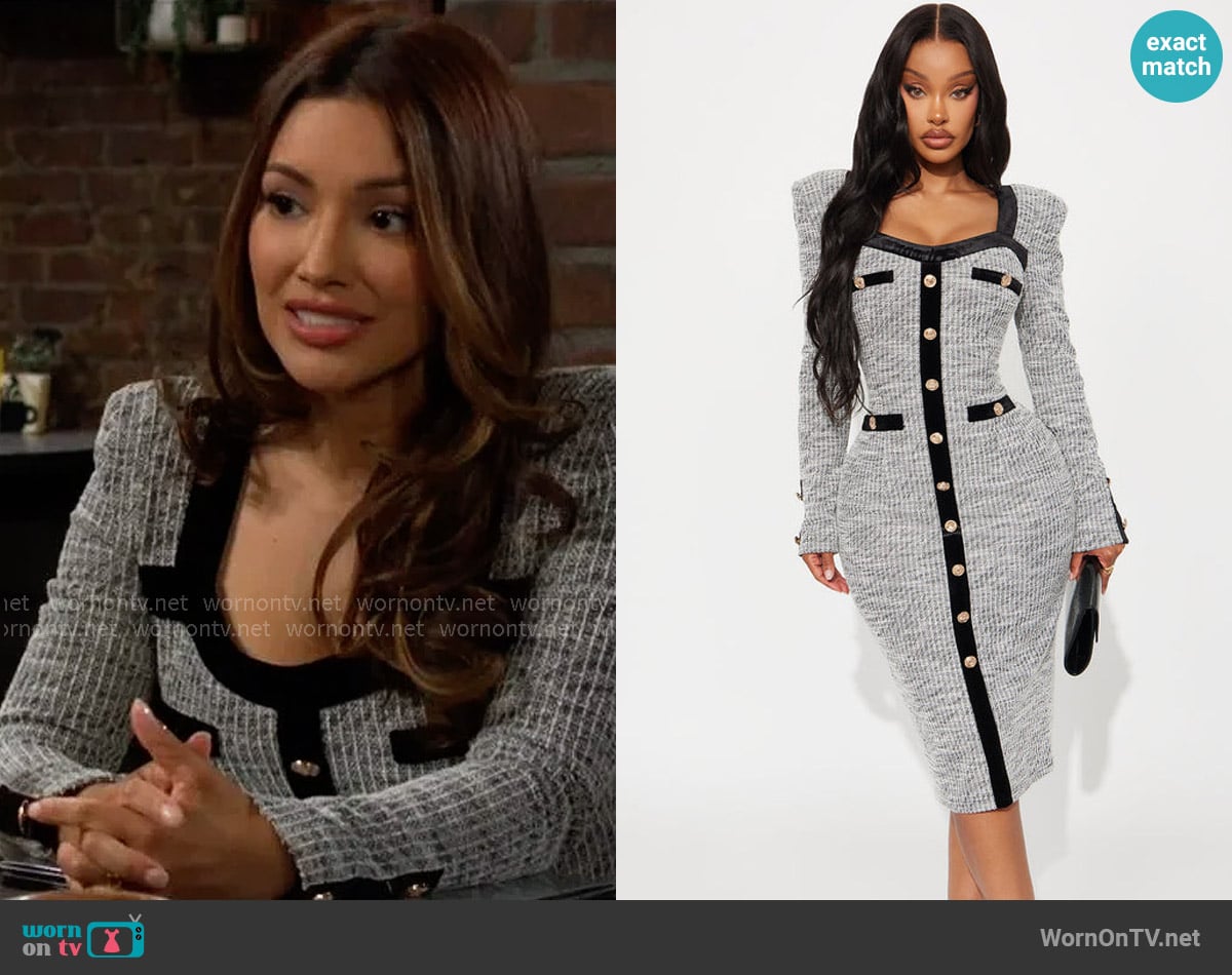 Fashion Nova Breanne Long Sleeve Tweed Midi Dress worn by Audra Charles (Zuleyka Silver) on The Young and the Restless