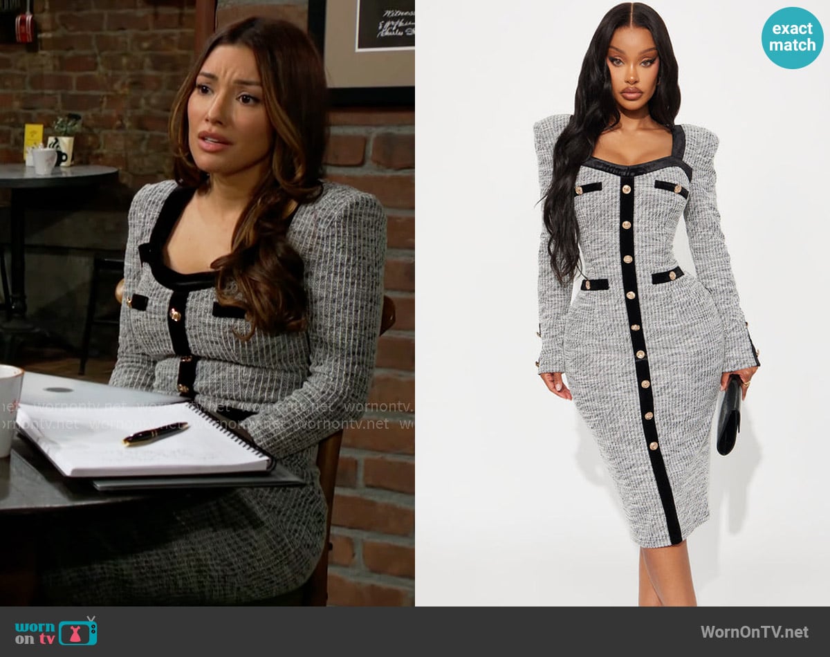 Fashion Nova Breanne Long Sleeve Tweed Midi Dress worn by Audra Charles (Zuleyka Silver) on The Young and the Restless
