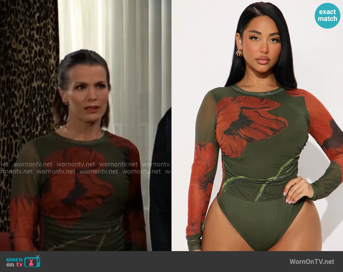 Fashion Nova Doreen Floral Long Sleeve Mesh Bodysuit worn by Chelsea Lawson (Melissa Claire Egan) on The Young and the Restless