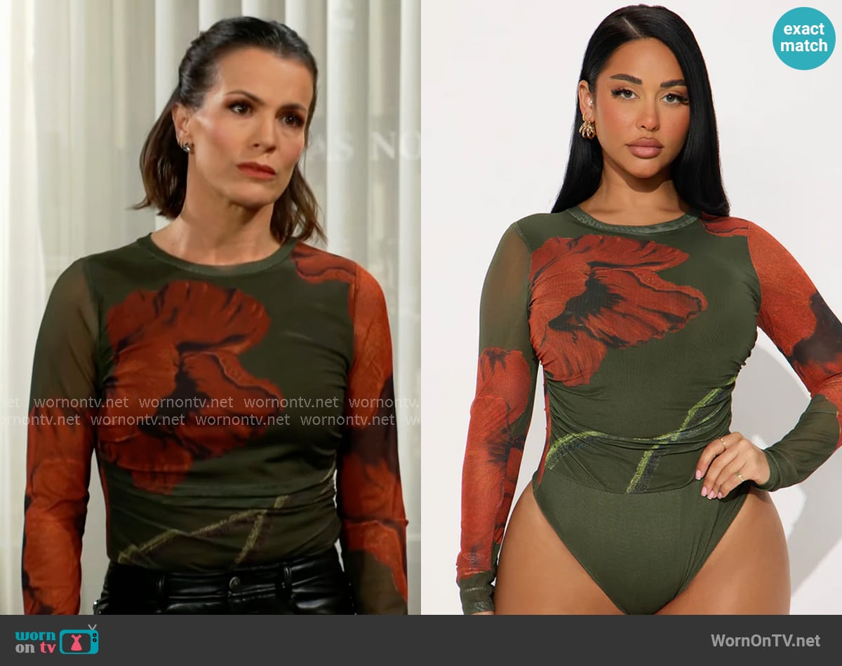 Chelsea’s green and red floral mesh top on The Young and the Restless