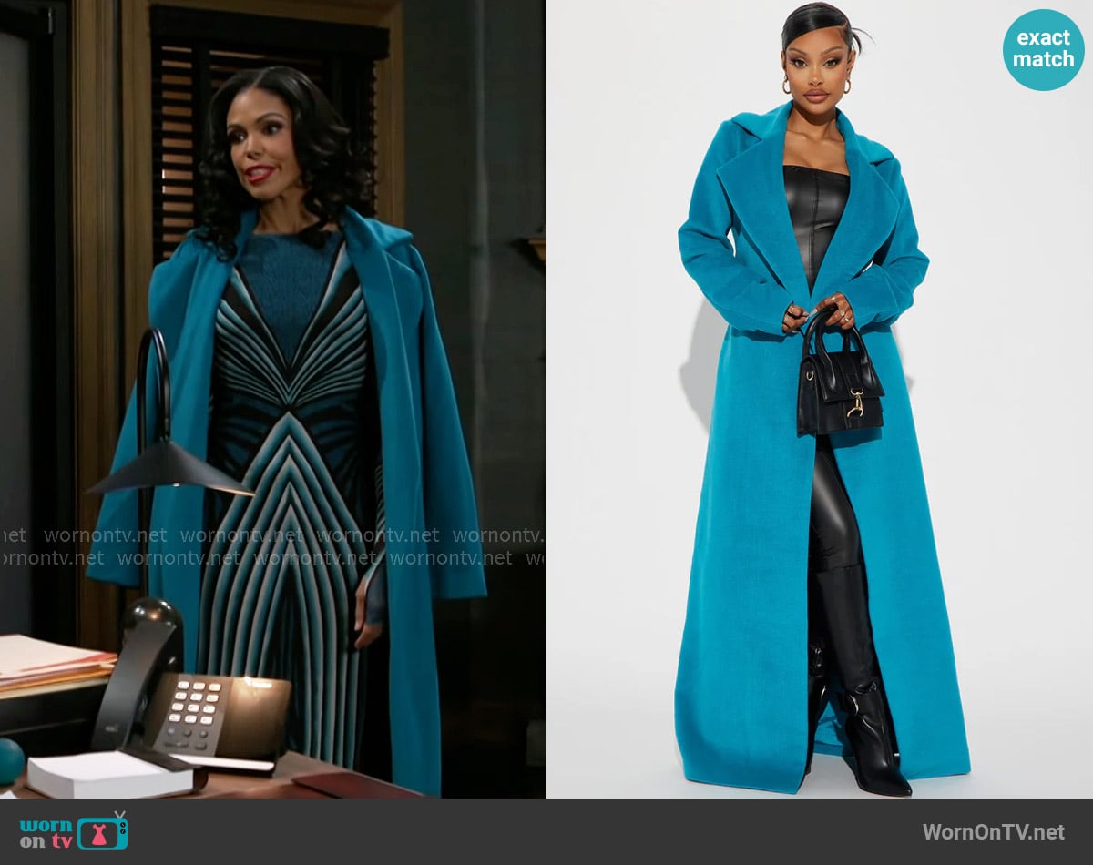 Fashion Nova Soho Chic Coat in Turquoise worn by Dani Dupree (Karla Mosley) on Beyond the Gates