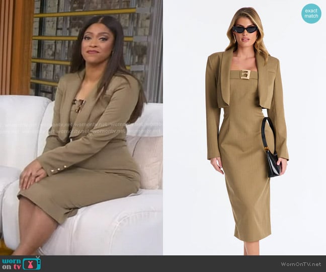 Fashion Nova Suit Yourself Strapless Crepe Woven Midi Dress Set in Olive worn by Morgan Norwood on Good Morning America